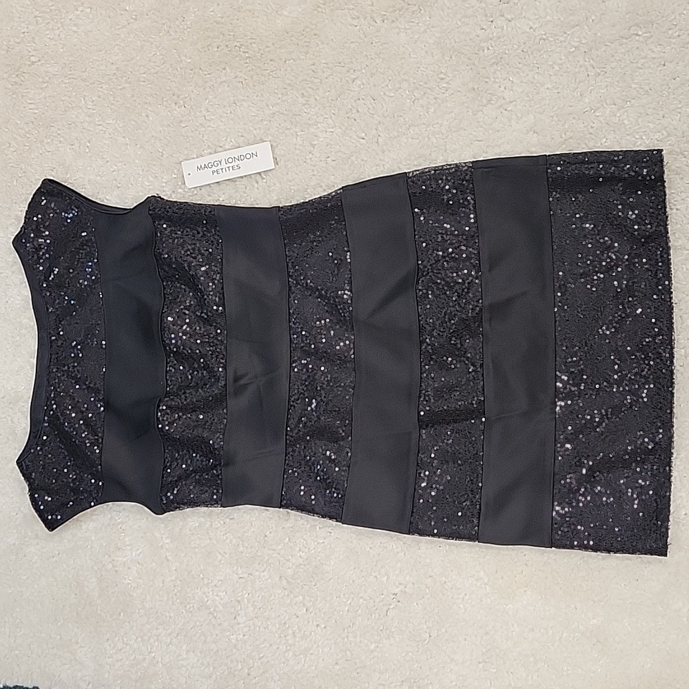 NWT Maggy London black sequins & silky material striped dress, size 4 petite
